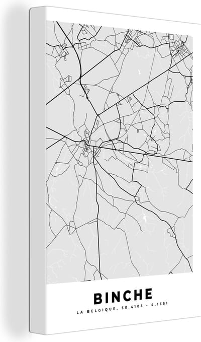 Canvas Schilderij Zwart Wit – België – Plattegrond – Stadskaart – Kaart – Binche - 20x30 cm - Wanddecoratie
