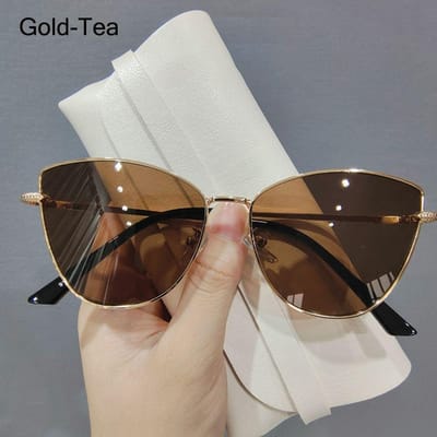 Hot Fashion Oversized Vintage Cat Eye Zonnebril Dames Trending Zomer Rijden Brillen Tinten UV400 voor Lady Gold-Tea