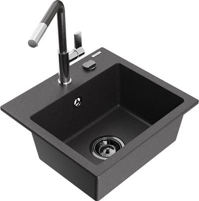 Mexen Milo granieten spoelbak 1-komorige met keukenkraan Flora, zwart gespikkeld - 6505-76-670401-08-B