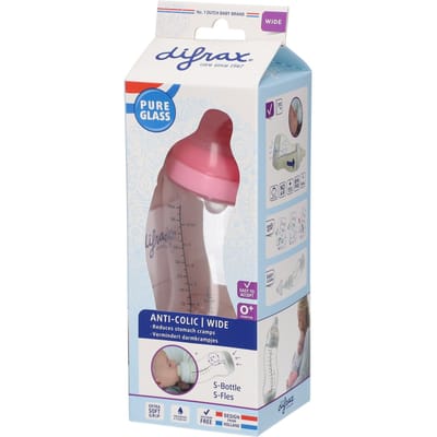 Difrax Babyfles Natural Glas - 310 ml - Roze - 1 Stuk - S-fles - Anti Koliek