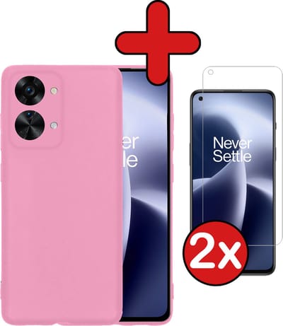 Hoesje - Met 2x Screenprotector - Geschikt voor OnePlus Nord 2T - Sterk & Shockproof - Telefoon Hoes - Back Cover - Siliconen Case - Telefoonhoes - Lichtroze