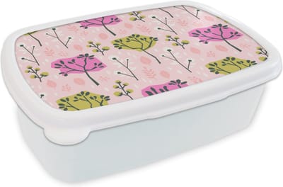 Broodtrommel Wit - Lunchbox - Brooddoos - Roze - Bomen - Bladeren - Design - 18x12x6 cm - Volwassenen