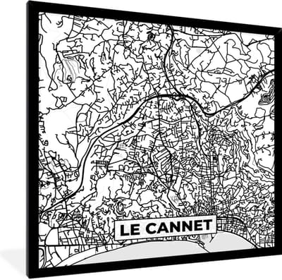Fotolijst incl. Poster Zwart Wit- Kaart – Le Cannet - Stadskaart – Frankrijk – Plattegrond - Zwart wit - 40x40 cm - Posterlijst