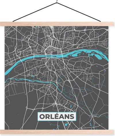 Posterhanger incl. Poster 40x40 cm - Schoolplaat - Orléans - Plattegrond - Kaart - Stadskaart - Frankrijk - Textielposter - Blanke latten - Stadskaart