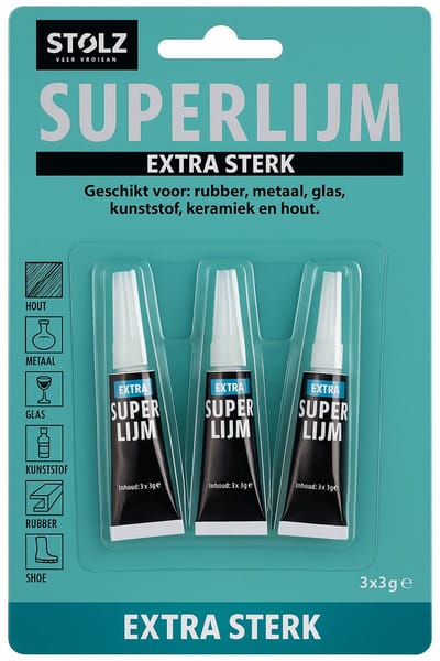 Stolz - Secondelijm - 3 stuks - Extra sterke superlijm voor rubber, metaal, glas, kunststof, keramiek en hout - 3 tubes á 3 gr.