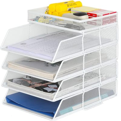 4-laags stapelbare bureau-organizer voor documenten en tijdschriften - wit - bureauaccessoires - opbergoplossing - A4-formaat