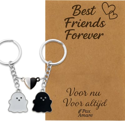 BFF Sleutelhanger voor 2 'Best Friends Forever' - Spookjes + Magnetisch Hartje - Sleutelhangers op Cadeau Kaartje - Zilverkleurig - Vriendschap Symbool - Pax Amare