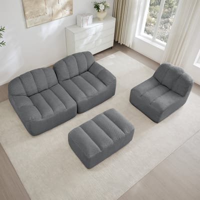 Modulaire Bank 3-Zits met Poef - Grijze Teddy Bank - L-Vorm Hoekbank - Diepe Zit - Bouclé Sofa - Frameloos