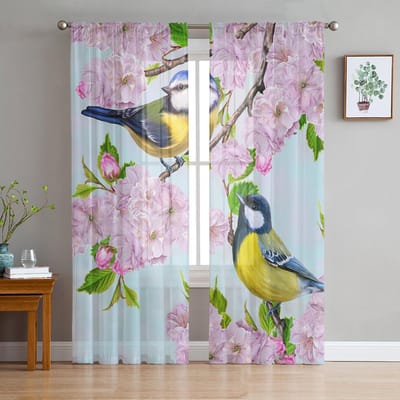 Dier Vogel Bloemen Bladeren Tak Plant Transparante Gordijnen voor Woonkamer Decoratie Raamgordijnen Keuken Tule Voile Gordijnen W135 x H137cm x1