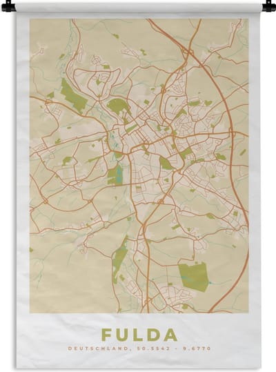 Wandkleed - Wanddoek - Plattegrond - Fulda - Vintage - Kaart - Stadskaart - 120x180 cm - Wandtapijt