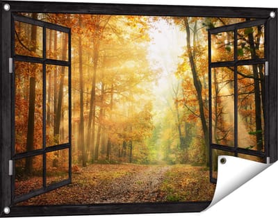 Gards Tuinposter Doorkijk Herfstbos met Zonneschijn - 90x60 cm - Tuindoek - Tuindecoratie - Wanddecoratie buiten - Tuinschilderij