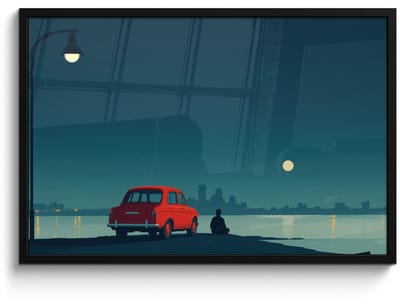 Poster in lijst - Fotolijst 90x60 cm - Posters - Auto - Volle maan - Uitkijkend over water - Posterlijst zwart - Decoratie - Wanddecoratie woonkamer - Muurdecoratie slaapkamer