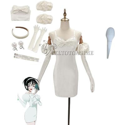 Sua Cosplay Kostuum Pruik Anime Buitenaards Podium Cosplay Kostuum Microfoon Wit Jurkje Oorbellen Korte Zwarte Pruik Sua Cosplay Kleding S white