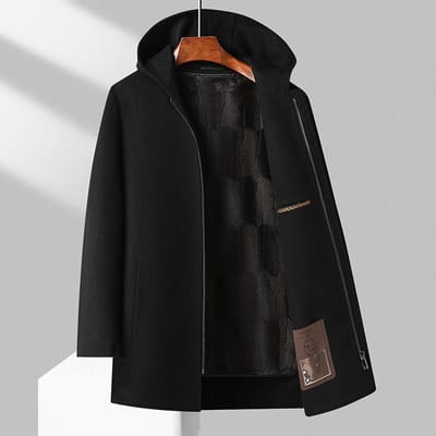 100% Wol Herfst en Winter Capuchon Dubbelzijdig Wollen Halflange Jas Goudfluwelen Voering Denim Jas Windjack Heren Denim Jas 3XL black