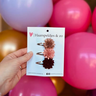 Haarspeldje Leather flower - leren bloemetjes - 4 cm speldjes - bruin/roze/rood