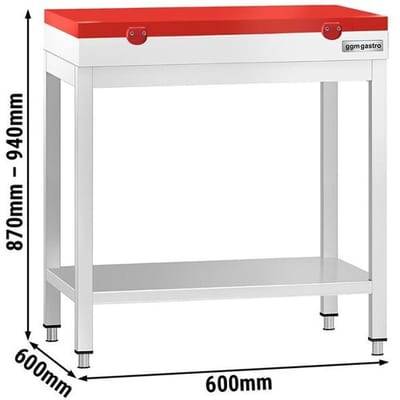 GGM Gastro Edelstahl Arbeitstisch PREMIUM - 600x600mm - mit Grundboden - inkl. Schneideplatte Rot