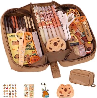 Schattige Capybara Pennenzak met Grote Capaciteit, 5 Laags Doorzichtige Pennentas, Esthetische Pennenzakken met Plaknotities, Stickers en Spelden voor Schoolbenodigdheden, Multicolor en Functioneel