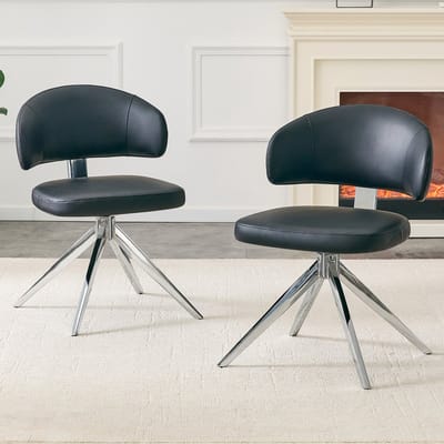 Eetkamerstoelen Set van 2 - Gebogen Rugleuning - PU Leren Zitting - Gestoffeerde Stoel - Draaibare Stoel - Metalen 4-Poots Frame - Keukenstoel - Woonkamerstoel - Bureaustoel - oor Woonkamer Keuken Kantoor - Zwart