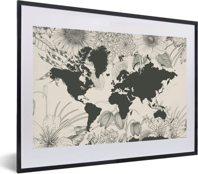 Poster in lijst - Fotolijst 60x40 cm - Posters - Wereldkaart - Bloemen - Grijs - Posterlijst zwart - Decoratie - Wanddecoratie woonkamer - Muurdecoratie slaapkamer