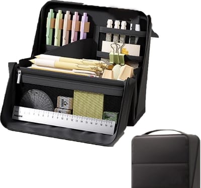 KZQ Multifunctionele stationery etui met grote capaciteit - Gelaagde organizer met meerdere vakken - Potloodtas voor student en kantoor - Zwart