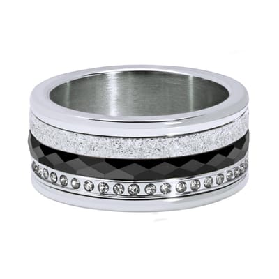 Quiges Dames Stapelring Set RVS Verzilverd en Zwart Keramiek - Maat 18 - Hoogte 6mm - SRS015S18