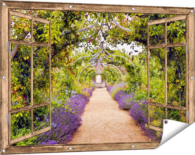 Gards Tuinposter Doorkijk Lavendel Pad - 120x80 cm - Tuindoek - Tuindecoratie - Wanddecoratie buiten - Tuinschilderij
