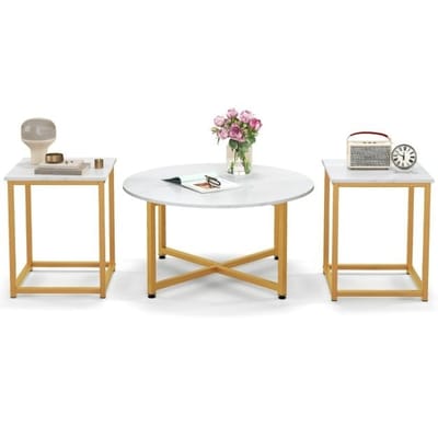 Coast 3-Delige Salontafelset - Wit/Goud - Rond 80x42cm - Vierkant 40x40x50cm