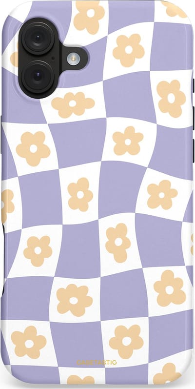 Casetastic hoesje geschikt voor Apple iPhone 16 Plus - MagSafe - Dubbellaagse bescherming - Kronkelende madeliefjes - Fashion Case - Lila Wit Zand Lichtgrijs