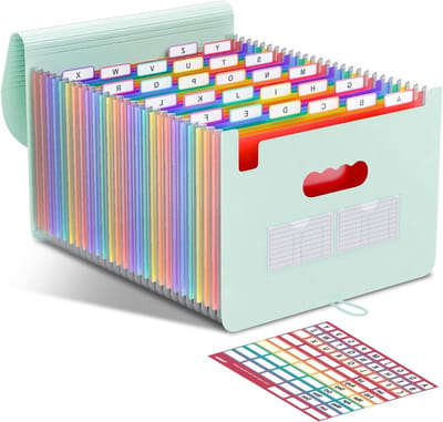 26 Compartimenten A4 Documentenmap, Sorteringsmap met Elastiek en Sluitknop, Documententas met Kleurrijke Labels en Organisator voor Kantoor en School