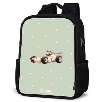 NoBoringSuitcases.com® - Rugzak zwart - Schooltas jongen & meisje - Beige retro raceauto op groene stippen achtergrond - Rugtas voor school - Boekentas kind - Schoolrugzak - Kinderrugzak