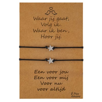 Vriendschapsarmbandjes voor 2 "Waar jij gaat, volg ik" - Sterretjes - BFF Armbandjes met Persoonlijk Cadeau Kaartje - Zilverkleurig - Elastisch Verstelbaar - Pax Amare