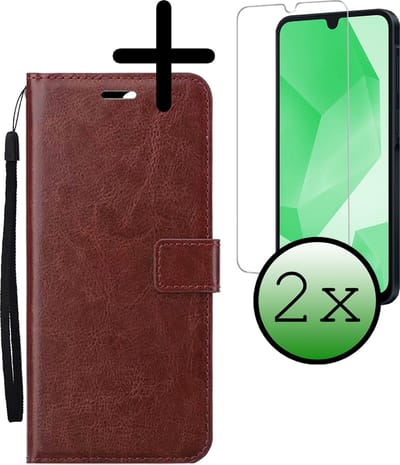 Hoesje Met 2x Screenprotector - Geschikt voor Samsung Galaxy A16 - Luxe Pasjeshouder - Bookcase Portemonee - Flip Case - Kunstleer Book Case - Flipcase Hoes - Book Cover - Walletcase - Portemonneehoes - Bruin