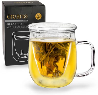 Creano theeglas 450ml - Grote theekop met glazen zeef en deksel - een ideale theezetmethode
