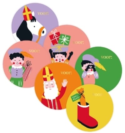 12x Sint en piet - naamsticker Multicolor - inpakken sinterklaas - mijter - vrolijke sintstickers - schoencadeautje - gift - schoen zetten - naam stickers -uitdelen