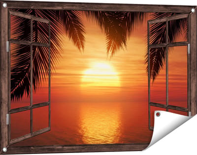 Gards Tuinposter Doorkijk Zonsondergang op het Strand met Palmbomen - 90x60 cm - Tuindoek - Tuindecoratie - Wanddecoratie buiten - Tuinschilderij