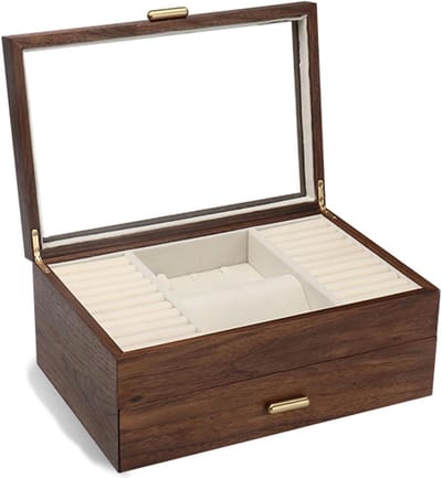 Houten Sieradendoos - Sieradenorganizer Opberger - Sieraden Opbergen - Dubbele Glazen Deksel - 30x20x13 cm - Natuurlijk Hout