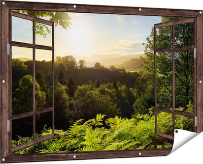 Gards Tuinposter Doorkijk Zonsondergang vanuit een Bos - 150x100 cm - Tuindoek - Tuindecoratie - Wanddecoratie buiten - Tuinschilderij