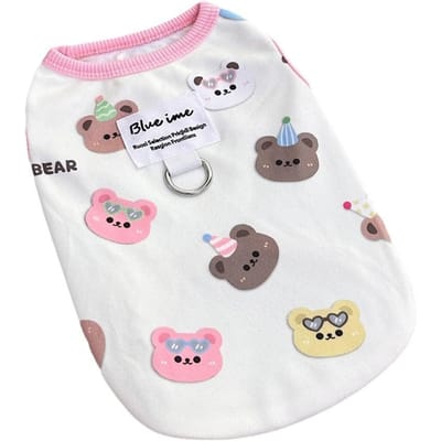 1 st Schattig Cartoon Beer Print Huisdier Vest - Zacht All-Season Hond & Kat Kleding met Lijnbevestiging, Roze Rand, Witte Basis, Schattige Beer Designs roze