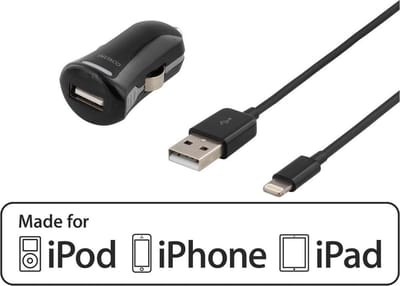 DELTACO USB-CAR203 Autolader Lightning aansluiting, MFi, 1m kabel, zwart
