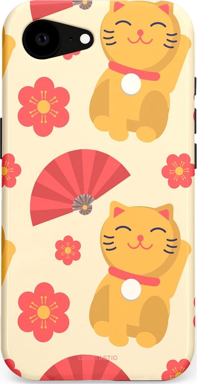 Casetastic hoesje geschikt voor Apple iPhone 16e / Apple iPhone 17e - MagSafe - Dubbellaagse bescherming - Japanse Poezenvreugde - Lucky Cats - Fashion Case - Crème Koraal Goud