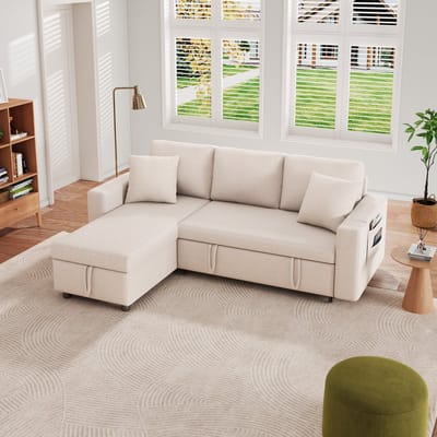 MODENUIT Slaapbank 219,5 x 142,5 cm - Met Verwisselbare Chaise Longue en Opbergruimte - Woonkamer - Linnen Beige