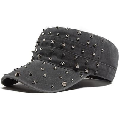 Klinknagel Platte Pet Dames Mode Punk Rock Hip Hop Pet Baseballpet Y2K Heren Vintage Militaire Pet Retro Klep Trucker Petten Verstelbaar Adjustable black