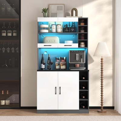 Keukenkast met LED - Buffetkast Keuken - Keuken Opbergen - Met Kabelgaten - 100x47x187cm - Wit Grijs