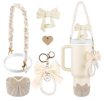 longziming -Beker Accessoire Set - 5-delig - Siliconen Beschermhoes & Draagriem - Rietjes Dop met Striks Design - Past op Bekers 590ml-1,2L & Rietje Ø8mm