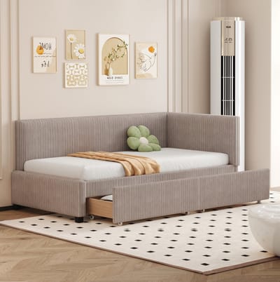 MEUNIQ slaapbank 90x200 cm met lattenbodem, 2 grote opberglades, verwisselbare rugleuning, eenpersoons bed voor slaapkamer, grijs