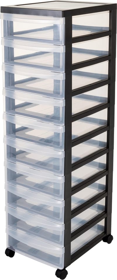 IRIS Design Chest ladesysteem - 10 lades á 7,5L - Wieltjes - Zwart/Transparant
