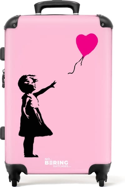 NoBoringSuitcases.com® - Koffer groot - Rolkoffer lichtgewicht - Meisje met wegvliegende roze hartjesballon - Reiskoffer met 4 wielen - Grote trolley XL - 20 kg bagage