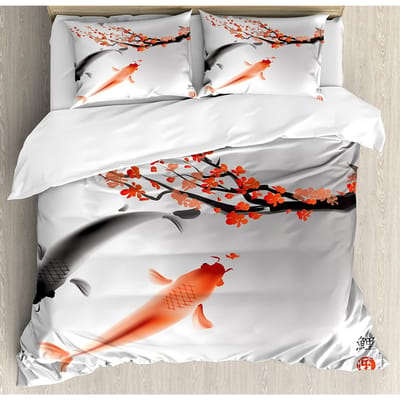 Japanse Geisha Karper Esdoornblad 3-delig Beddengoed Set Voor Slaapkamer Tweepersoonsbed Thuis Textiel Dekbedovertrek Dekbedovertrek Kussensloop AU King(245x210cm)