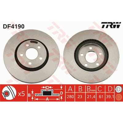 Remschijf TRW DF4190 voorkant, geventileerd, 1 Stuk