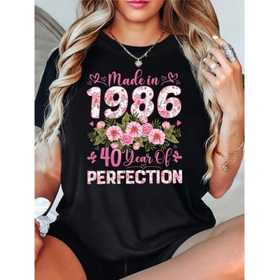 Dames T-shirt 1986 40 Jaar Perfectie Bloementhema Casual Korte Mouw M zwart